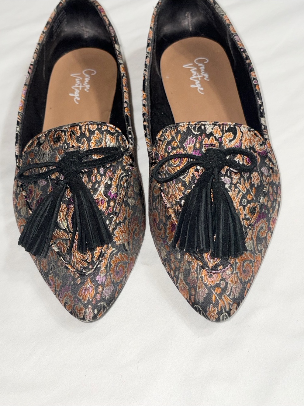 Crown Vintage Black Brocade Pointed Tassel Loafers with Gold & Purple Accents